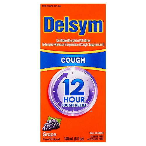 Delsym Cough Day or Night Grape Flavored Liquid, 5 fl oz
Dextromethorphan Polistirex Extended-Release Suspension (Cough Suppressant)

Drug Facts
Active ingredient (in each 5 ml) - Purpose
Dextromethorphan polistirex equivalent to 30 mg dextromethorphan hydrobromide - Cough suppressant

Uses
Temporarily relieves
■ cough due to minor throat and bronchial irritation as may occur with the common cold or inhaled irritants
■ the impulse to cough to help you get to sleep