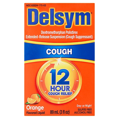 Delsym 12 Hour Cough Relief Orange Flavored Liquid, 3 fl oz
Dextromethorphan Polistirex Extended-Release Suspension (Cough Suppressant)

Drug Facts
Active ingredient (in each 5 mL) - Purpose
Dextromethorphan polistirex equivalent to 30 mg dextromethorphan hydrobromide - Cough suppressant

Uses
Temporarily relieves
■ cough due to minor throat and bronchial irritation as may occur with the common cold or inhaled irritants
■ the impulse to cough to help you get to sleep