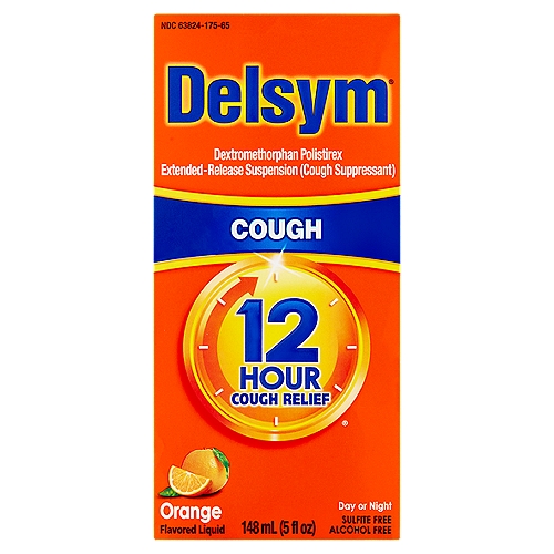 Delsym 12 Hour Cough Relief Orange Flavored Liquid, 5 fl oz
Dextromethorphan Polistirex Extended-Release Suspension (Cough Suppressant)

Uses
Temporarily relieves
■ cough due to minor throat and bronchial irritation as may occur with the common cold or inhaled irritants
■ the impulse to cough to help you get to sleep

Drug Facts
Active ingredient (in each 5 ml) - Purpose
Dextromethorphan polistirex equivalent to 30 mg dextromethorphan hydrobromide - Cough suppressant