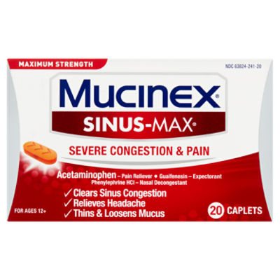 Mucinex Sinus-Max Maximum Strength Severe Congestion & Pain Caplets, For Ages 12+, 20 count