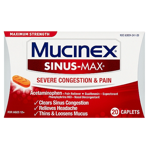 Mucinex Sinus-Max Maximum Strength Severe Congestion & Pain Caplets, For Ages 12+, 20 count
Uses
■ temporarily relieves:
 ■ nasal congestion
 ■ headache
 ■ minor aches and pains
 ■ sinus congestion and pressure
■ temporarily promotes nasal and/or sinus drainage
■ helps loosen phlegm (mucus) and thin bronchial secretions to rid the bronchial passageways of bothersome mucus and make coughs more productive

Drug Facts
Active ingredients (in each caplet) - Purposes
Acetaminophen 325 mg - Pain reliever
Guaifenesin 200 mg - Expectorant
Phenylephrine HCl 5 mg - Nasal decongestant