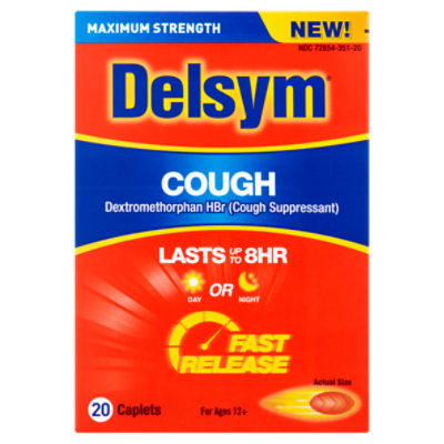 Delsym Cough Relief Day or Night Maximum Strength Caplets, For Ages 12+, 20 count