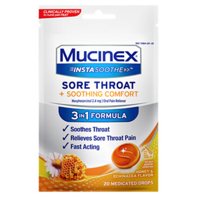 Mucinex InstaSoothe Sore Throat + Soothing Comfort Medicated Drops, 20 count