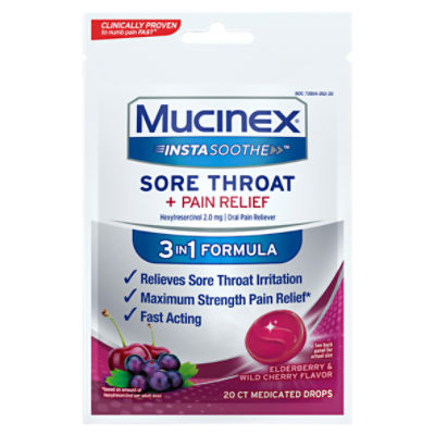Mucinex InstaSoothe Sore Throat + Pain Relief Medicated Drops, 20 count