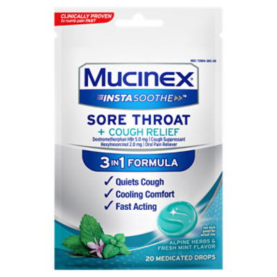 Mucinex Sore Throat + Cough Relief Alpine Herbs & Fresh Mint Flavor Medicated Drops, 20 count