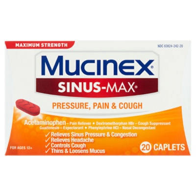 Mucinex Sinus-Max Maximum Strength Pressure, Pain & Cough Caplets, For Ages 12+, 20 count