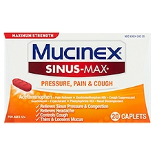 Mucinex Sinus-Max Maximum Strength Pressure, Pain & Cough For Ages 12+, Caplets, 20 Each