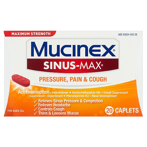 Mucinex Sinus-Max Maximum Strength Pressure, Pain & Cough Caplets, For Ages 12+, 20 count
Uses
■ temporarily relieves:
 ■ nasal congestion
 ■ headache
 ■ minor aches and pains
 ■ cough
 ■ sinus congestion and pressure
■ temporarily promotes nasal and/or sinus drainage
■ helps loosen phlegm (mucus) and thin bronchial secretions to rid the bronchial passageways of bothersome mucus and make coughs more productive

Drug Facts
Active ingredients (in each caplet) - Purposes
Acetaminophen 325 mg - Pain reliever
Dextromethorphan HBr 10 mg - Cough suppressant
Guaifenesin 200 mg - Expectorant
Phenylephrine HCl 5 mg - Nasal decongestant
