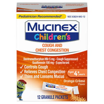 Mucinex Children's Cough and Chest Congestion Cough Suppressant Expectorant, Ages 4+ Years, 12 count