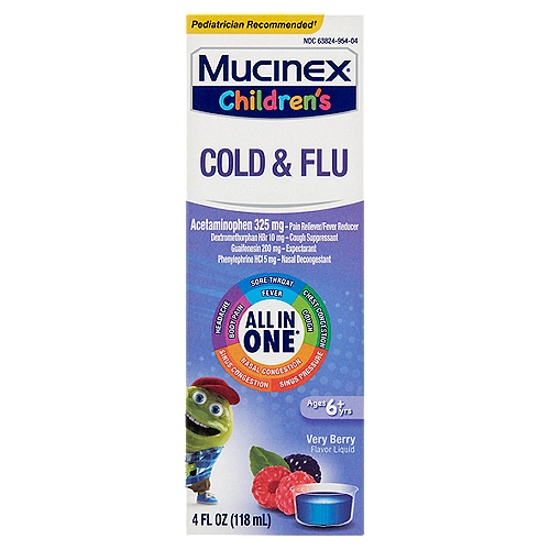Mucinex Children's Cold & Flu Very Berry Flavor Liquid, Ages 6+ yrs, 4 fl oz
All in One*
*Helps to relieve these symptoms day or night

Drug Facts
Active ingredients (in each 10 ml) - Purposes
Acetaminophen 325 mg - Pain reliever/fever reducer
Dextromethorphan HBr 10 mg - Cough suppressant
Guaifenesin 200 mg - Expectorant
Phenylephrine HCl 5 mg - Nasal decongestant

Uses
■ temporarily relieves these common cold and flu symptoms:
■ cough
■ nasal congestion
■ minor aches and pains
■ sore throat
■ headache
■ stuffy nose
■ sinus congestion and pressure
■ temporarily reduces fever
■ helps loosen phlegm (mucus) and thin bronchial secretions to rid the bronchial passageways of bothersome mucus and make coughs more productive