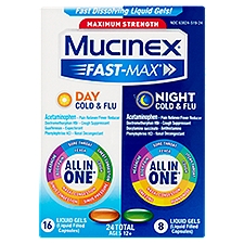 Mucinex Fast-Max Maximum Strength Day & Night Cold & Flu Liquid Gels Value Pack, Ages 12+, 24 count