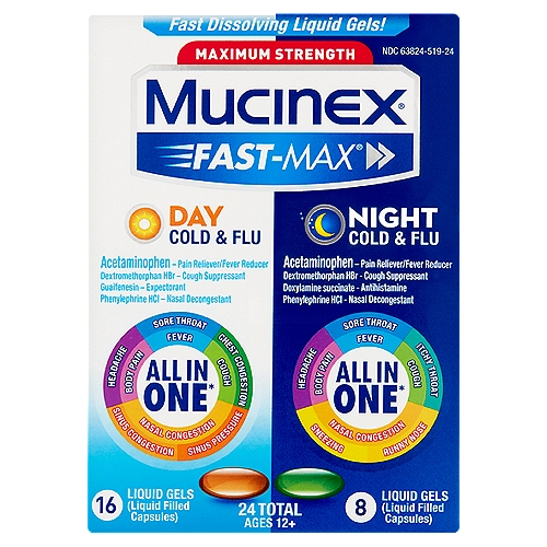 Mucinex Fast-Max Maximum Strength Day & Night Cold & Flu Liquid Gels Value Pack, Ages 12+, 24 count
Day Cold & Flu
All in one*
Fever, cough, nasal congestion, body pain, sore throat, chest congestion, sinus pressure and congestion, headache

Night Cold & Flu
All in one*
Fever, cough, nasal congestion, body pain, sore throat, itchy throat, runny nose, sneezing, headache
*Day Cold & Flu helps to relieve these symptoms day or night; Night Cold & Flu helps to relieve these symptoms at night

Uses
■ temporarily relieves these common cold and flu symptoms:
 ■ sinus congestion and pressure
 ■ cough
 ■ minor aches and pains
 ■ headache
 ■ nasal congestion
 ■ sore throat
 ■ runny nose (Night only)
 ■ sneezing (Night only)
 ■ itching of the nose or throat (Night only)
 ■ itchy, watery eyes due to hay fever (Night only)
■ helps loosen phlegm (mucus) and thin bronchial secretions to rid the bronchial passageways of bothersome mucus and make coughs more productive (Day only)
■ controls cough to help you get to sleep
■ temporarily reduces fever

Drug Facts
Active ingredients (in each liquid gel) - Purposes
Mucinex Fast-Max Day Cold & Flu
Acetaminophen 325 mg - Pain reliever/fever reducer
Dextromethorphan HBr 10 mg - Cough suppressant
Guaifenesin 200 mg - Expectorant
Phenylephrine HCl 5 mg - Nasal decongestant

Active ingredients (in each liquid gel) - Purposes
Mucinex Fast-Max Night Cold & Flu
Acetaminophen 325 mg - Pain reliever/fever reducer
Dextromethorphan HBr 10 mg - Cough suppressant
Doxylamine succinate 6.25 mg - Antihistamine
Phenylephrine HCl 5 mg - Nasal decongestant