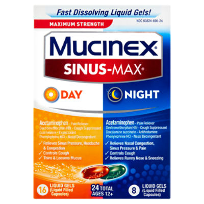 Mucinex Sinus-Max Maximum Strength Day & Night Liquid Gels Value Pack, Ages 12+, 24 count