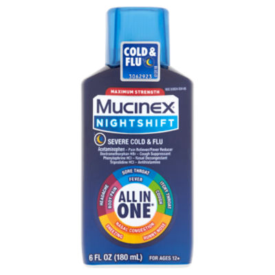 Mucinex Nightshift Maximum Strength Severe Cold & Flu Liquid, For Ages 12+, 6 fl oz