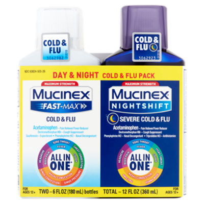 Mucinex Maximum Strength Day & Night Cold & Flu Pack Liquid, For Ages 12+, 6 fl oz, 2 count