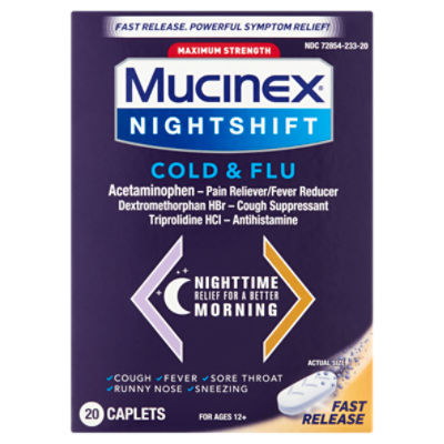 Mucinex Nightshift Maximum Strength Cold & Flu Caplets, For Ages 12+, 20 count
