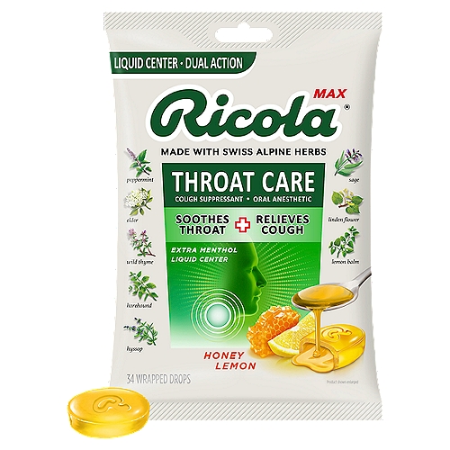 Ricola Max* Throat Care drops have a delicious flavor shell with an extra menthol liquid center which provides effective and soothing relief from sore throats and coughs.n* Ricola's strongest cough dropnnRicola Throat Care Honey Lemon combines our 10 Swiss Alpine herbs with fairtrade honey, lemon juice and natural menthol to deliciously soothe.nnDrug FactsnActive ingredient (in each drop) - PurposesnMenthol, 8.3 mg - Cough suppressant, oral anestheticnnUsesnTemporarily relieves:n• cough due to a cold or inhaled irritantsn• occasional minor irritation and pain due to sore throat or sore mouth