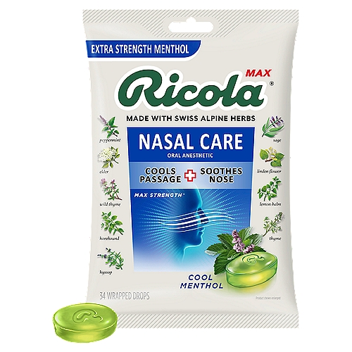 Ricola Max Nasal Care drops contain Maximum Strength* Natural Menthol which provides effective relief, cooling passages and soothing the nose.n* Ricola's strongest throat dropnnRicola Nasal Care Cool Menthol combines our original 10 Swiss alpine herbs with the freshness of menthol for a long-lasting, refreshing taste experience.nnDrug FactsnActive ingredient (in each drop) - PurposesnMenthol, 15.3 mg - Oral anestheticnnUsesnTemporarily relieves occasional minor irritation and pain associated withn• sore mouthn• sore throat