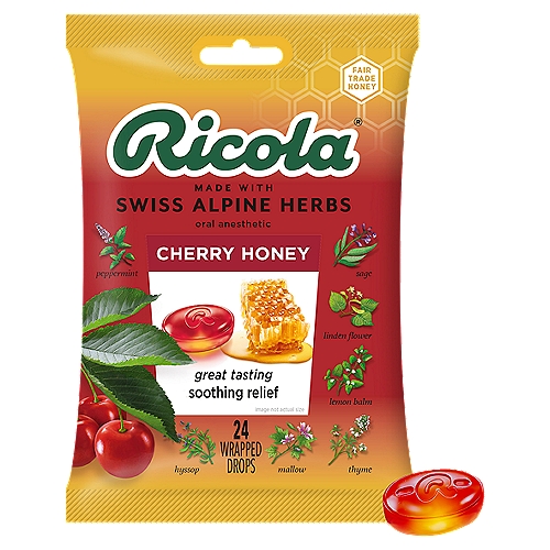Ricola Cherry Honey Herb Throat Drops, 24 count
Ricola Cherry Honey Throat Drops combine great tasting natural cherry concentrate with soothing natural honey and Ricola's delicious mixture of Swiss Alpine herbs.

Uses
Temporarily relieves occasional minor irritation and pain associated with
• sore mouth
• sore throat

Drug Facts
Active Ingredient (in each drop) - Purpose
Menthol, 2.0 mg - Oral anesthetic