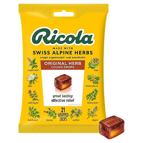 Ricola The Original Natural Herb Cough Drops, 21 count
Cough Suppressant - Throat Drops

Peppermint, sage, elder, linden flowers, wild thyme, lemon balm, horehound, hyssop, thyme, mallow

Ricola Original Natural Herb Cough Drops are made today as they were in 1930 when Emil Richterich first developed his popular herbal drops in the Swiss village of Laufen. Natural menthol and Ricola's special 10-herb blend combine to make Ricola Original Natural Herb Cough Drops uniquely delicious and effective.

Uses
Temporarily relieves:
• cough due to a cold or inhaled irritants
• occasional minor irritation and pain due to sore throat or sore mouth

Drug Facts
Active Ingredient (in each drop) - Purposes
Menthol, 4.8 mg - Cough suppressant, oral anesthetic