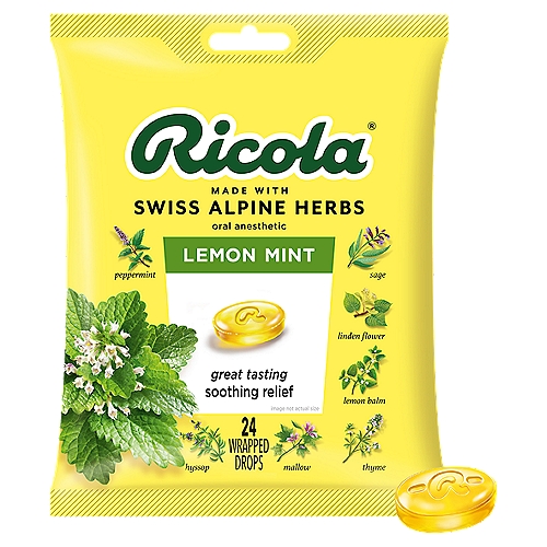 Ricola Lemon Mint Herb Throat Drops, 24 count
Ricola LemonMint Throat Drops get their uniquely delicious flavor from naturally refreshing lemon balm and Ricola's special mixture of Swiss Alpine herbs.

Uses
Temporarily relieves occasional minor irritation and pain associated with
• sore mouth
• sore throat

Drug Facts
Active Ingredient (in each drop) - Purpose
Menthol, 1.5 mg - Oral anesthetic