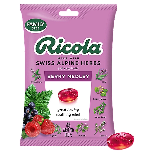 Ricola Berry Medley Drops Family Size, 45 count
When it comes to blending the juicy ripe sweetness of raspberries, bilberries and black currants with the subtle hint of our signature Alpine herbs, this bountiful berry flavored blend simply can't be beat. Boldly balanced to bring delicious delight to your daily routine, these tasty soothing gems are a beauty to behold and treat to be treasured.

Drug Facts
Active ingredient (in each drop) - Purpose
Menthol, 1.7 mg - Oral anesthetic

Uses
Temporarily relieves: occasional minor irritation and pain associated with
• sore mouth
• sore throat