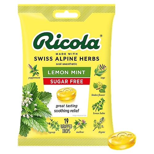 Ricola Sugar Free Lemon Mint Herb Throat Drops, 19 count
Ricola Sugar Free LemonMint Throat Drops get their uniquely delicious flavor from naturally refreshing lemon balm and Ricola's special mixture of Swiss Alpine herbs.

Uses
Temporarily relieves occasional minor irritation and pain associated with
• sore mouth
• sore throat

Drug Facts
Active Ingredient (in each drop) - Purpose
Menthol, 1.1 mg - Oral anesthetic