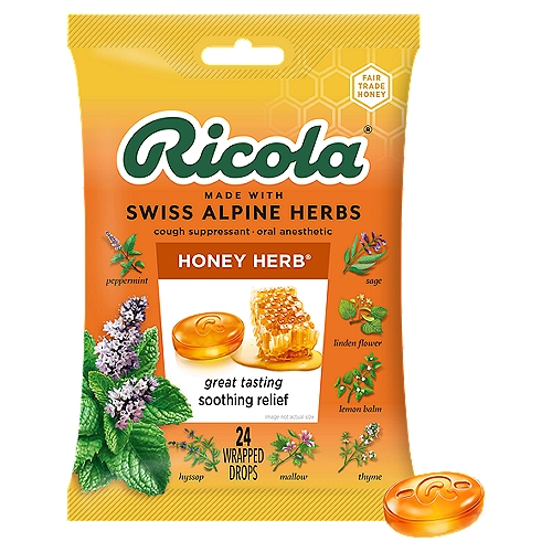 Ricola Honey-Herb Cough Suppressant Throat Drops, 24 count
Ricola combines sweet natural honey with our proprietary blend of 10 Swiss herbs to delicately flavor our uniquely tasty and effective Honey-Herb® Cough drops.

Uses
Temporarily relieves:
• cough due to a cold or inhaled irritants
• occasional minor irritation and pain due to sore throat or sore mouth

Drug Facts
Active Ingredient (in each drop) - Purposes
Menthol, 2.0 mg - Cough suppressant, oral anesthetic