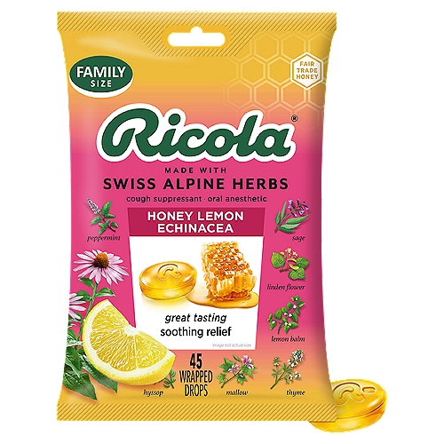 Ricola HoneyLemon with Echinacea Throat Drops Family Pack, 45 count
Cough Suppressant - Throat Drops

Flavored with naturally soothing honey and refreshing lemon balm, Ricola HoneyLemon with Echinacea Cough Drops calm the throat and fight coughs naturally with the unique combination of natural menthol, Echinacea and Ricola's blend of 10 Swiss Herbs.

Uses
Temporarily relieves:
• cough due to a cold or inhaled irritants
• occasional minor irritation and pain due to sore throat or sore mouth

Drug Facts
Active Ingredient (in each drop) - Purposes
Menthol, 3.5 mg - Cough suppressant, oral anesthetic