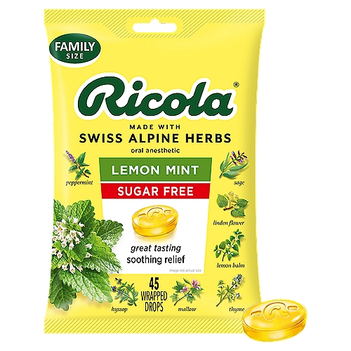 Ricola Sugar Free Lemon Mint Herb Throat Drops Family Pack, 45 count
Ricola Sugar Free LemonMint Throat Drops get their uniquely delicious flavor from naturally refreshing lemon balm and Ricola's special mixture of Swiss Alpine herbs.

Uses
Temporarily relieves occasional minor irritation and pain associated with
• sore mouth
• sore throat

Drug Facts
Active Ingredient (in each drop) - Purpose
Menthol, 1.1 mg - Oral anesthetic