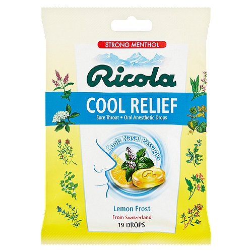 Ricola Cool Relief Lemon Frost Sore Throat Oral Anesthetic Drops, 19 count
Ricola Cool Relief throat drops provide relief for severe sore throats and cools your nasal passages so you can keep going. We use our unique blend of Swiss alpine herbs and juicy lemon in combination with powerful menthol to provide delicious and effective relief when you need it most.

Drug Facts
Active Ingredient (in each drop) - Purposes
Menthol, 16.0 mg - Oral anesthetic

Uses
Temporarily relieves occasional minor irritation and pain associated with
• sore mouth
• sore throat