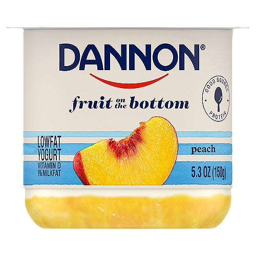 An instant favorite since 1947, Dannon Fruit on the Bottom Peach Lowfat Yogurt is a tasty snack you can enjoy on its own or as a delicious addition to a packed lunch. This gluten-free treat features peaches on the bottom, a nice complement to the lowfat yogurt's smooth texture and creamy taste. Dannon Fruit on the Bottom Lowfat Yogurt is a good source of calcium, and it's conveniently packaged in single-serve cups, so you can snack on the go.nYogurt is not just delicious and fun to eat; it offers important nutrients, too! Now, with over 75 years of experience in selecting the cultures that give our yogurt its great taste, we are more confident than ever in our wide selection of products.