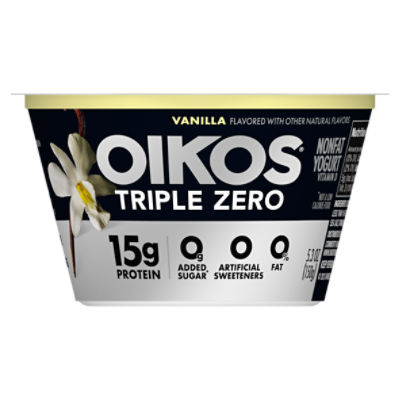 Oikos Triple Zero Vanilla 15g Protein, 0g Added Sugar, Nonfat Greek Yogurt, 5.3 ounce Cup