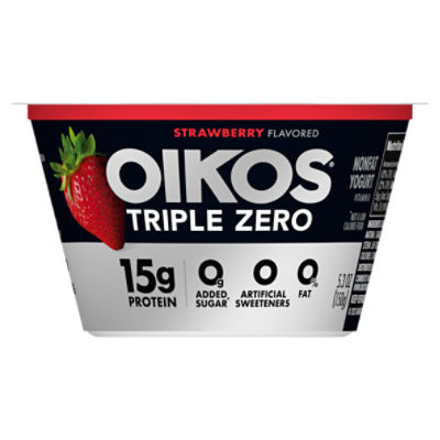 Oikos Triple Zero Strawberry 15g Protein, 0g Added Sugar, Nonfat Greek Yogurt, 5.3 ounce Cup