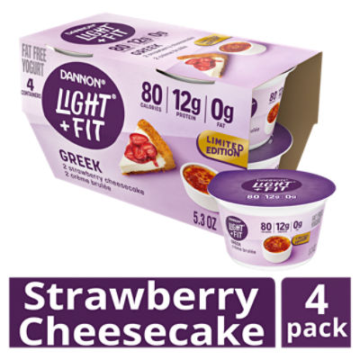 Dannon Light + Fit Creme Brulee and Strawberry Cheesecake Greek Nonfat Yogurt Pack, 4 Ct, 5.3 ounce Cups