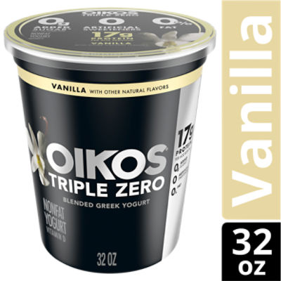 Oikos Triple Zero Vanilla 17g Protein, No Sugar Added, Nonfat Greek Yogurt Tub, 32 ounce