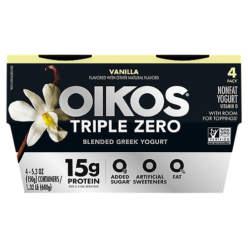 Oikos Triple Zero Blended Greek Nonfat Yogurt, 5.3 oz, 4 count
Oikos Triple Zero Greek Nonfat Yogurt gives you all the flavor you seek in a Greek yogurt--but with 0 added sugar*, 0 artificial sweeteners, and 0 fat, with 15 grams of protein per 5.3 oz cup. Full of delicious vanilla flavor, this Greek nonfat yogurt makes a delicious snack any time of day. It also fits into a healthy lifestyle, providing important nutrients such as calcium, protein, and vitamin D. And for your convenience, Oikos Triple Zero Greek Nonfat Yogurt comes packaged in single-serve cups, perfect for snacking on the go. 

 *Not a low-calorie food.
Discover yogurt and dairy products that are made for you with Oikos. Want the creamy one with the fruit chunks? We got you. Need 0 sugar, 0 artificial sweeteners, and 0 fat? Try Oikos Triple Zero. Looking for extra protein? Oikos Pro has 20g per serving. With our wide selection of creamy yogurts, you're bound to find an epic food experience that sparks pure joy. Dig into deliciousness with Oikos. Oikos Triple Zero Greek Nonfat Yogurt gives you all the flavor you seek in a Greek yogurt--but with 0 added sugar*, 0 artificial sweeteners, and 0 fat, with 15 grams of protein per 5.3 oz cup. Full of delicious vanilla flavor, this Greek nonfat yogurt makes a delicious snack any time of day. It also fits into a healthy lifestyle, providing important nutrients such as calcium, protein, and vitamin D. And for your convenience, Oikos Triple Zero Greek Nonfat Yogurt comes packaged in single-serve cups, perfect for snacking on the go.