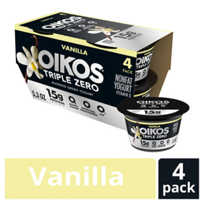 Oikos Triple Zero Vanilla 15g Protein, No Sugar Added, Nonfat Greek Yogurt Pack, 4 Ct, 5.3 ounce Cups
