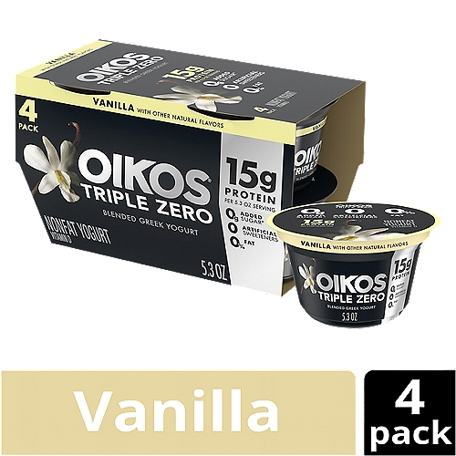 Oikos Triple Zero Vanilla 15g Protein, No Sugar Added, Nonfat Greek Yogurt Pack, 4 Ct, 5.3 ounce Cups