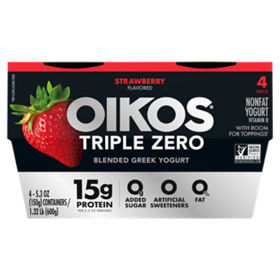 Oikos Triple Zero Strawberry 15g Protein, No Sugar Added, Nonfat Greek
