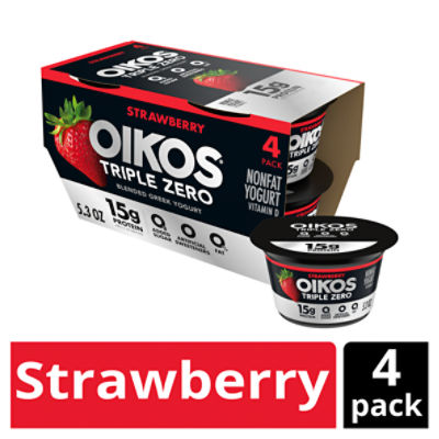 Oikos Triple Zero Strawberry 15g Protein, Sugar Free, Nonfat Greek Yogurt Pack, 4 Ct, 5.3 ounce Cups
