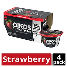 Oikos Triple Zero Strawberry 15g Protein, No Sugar Added, Nonfat Greek Yogurt Pack, 4 Ct, 5.3 OZ Cups
