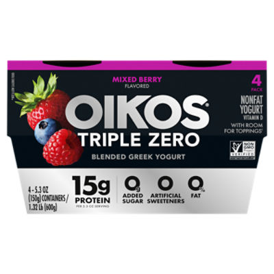 Oikos Triple Zero Mixed Berry 15g Protein, No Sugar Added, Nonfat Greek Yogurt Pack, 4 Ct, 5.3 ounce Cups