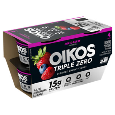 Oikos Triple Zero Mixed Berry Flavored Nonfat Yogurt, 5.3 oz, 4 count