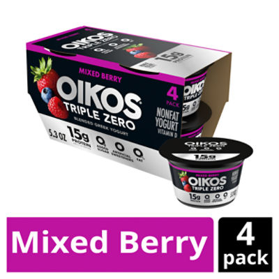 Oikos Triple Zero Mixed Berry Flavored Blended Greek Nonfat Yogurt, 5.3 oz, 4 count, 21.2 Ounce