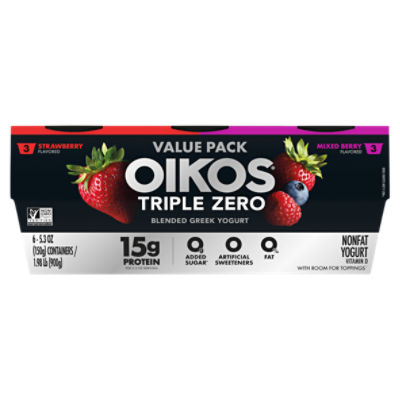 Oikos Triple Zero Blended Greek Nonfat Yogurt Value Pack, 5.3 oz, 6 count