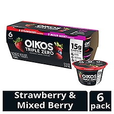 Oikos Triple Zero Strawberry and Mixed Berry 15g Protein, No Sugar Added, Nonfat Greek Yogurt Pack, 6 Ct, 5.3 ounce Cups