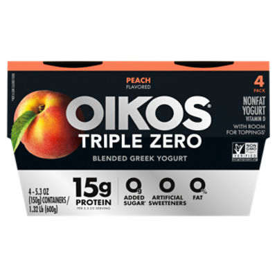 Oikos Triple Zero Peach 15g Protein, Sugar Free, Nonfat Greek Yogurt Pack, 4 Ct, 5.3 ounce Cups