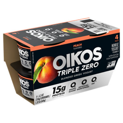Oikos Triple Zero Peach Flavored Blended Greek Nonfat Yogurt, 5.3