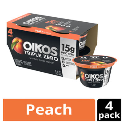 Oikos Triple Zero Peach Flavored Blended Greek Nonfat Yogurt, 5.3 oz, 4 count, 21.2 Ounce